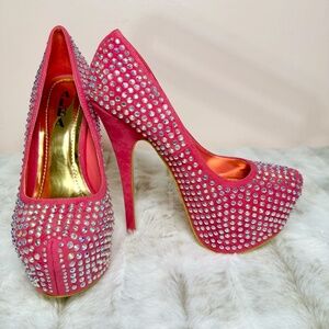 Alba Pink 5 1/2" Stiletto Pumps W/Clear Rhinestones